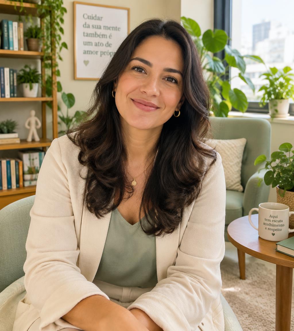 Ana Ribeiro, psicóloga clínica, sorrindo em seu consultório com plantas